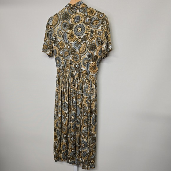 Vintage‎ Womens Paisley Print Midi Dress Button Up Short Sleeve Tie Neck - Picture 2 of 6
